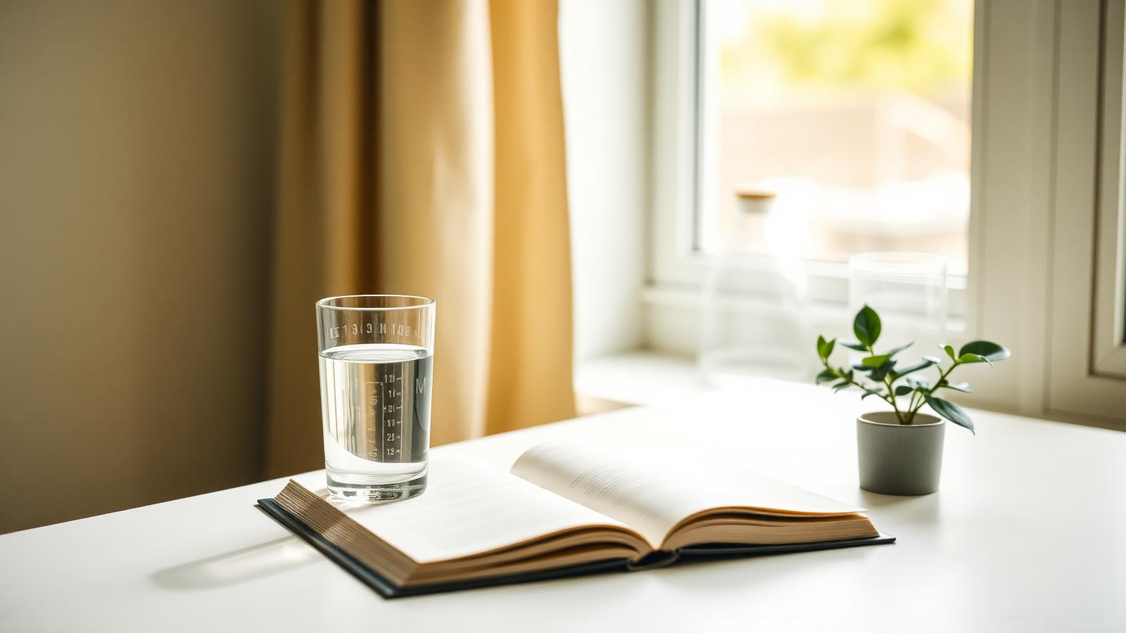 Open notebook and glass of water by a sunlit window
